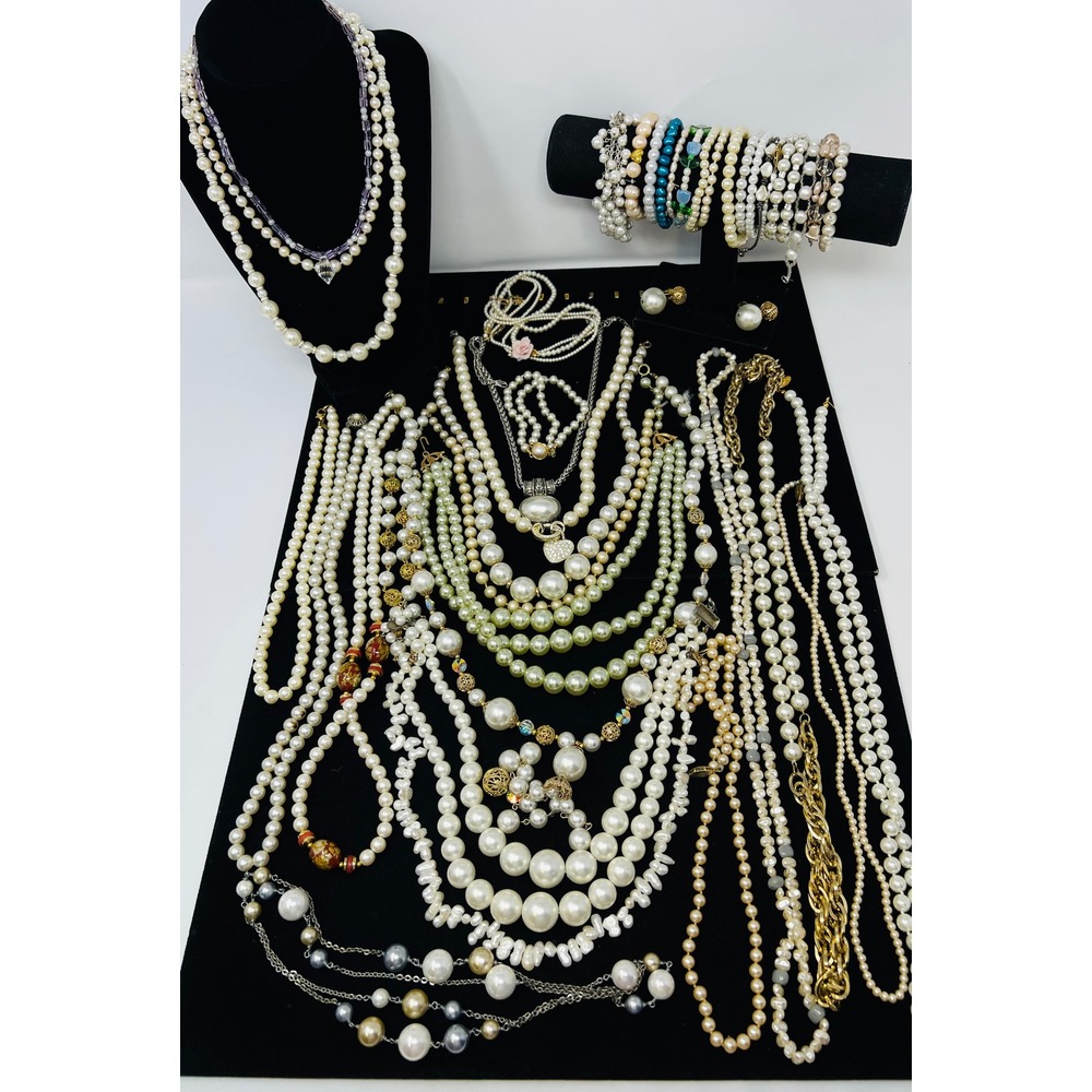 Vintage to Modern Pearl Necklace & Bracelet Gold & Silver Tone Beaded Lot of 33